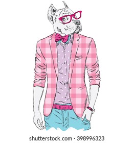 Pitbull hipster in a jacket and sunglasses . Vector illustration. The print on the cover , clothing or card .
