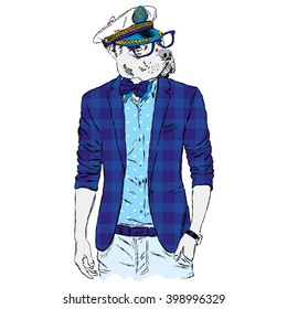 Pitbull hipster in a jacket and sunglasses . Vector illustration. The print on the cover , clothing or card .
