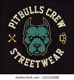 Pitbull mascot emblem design template. T-shirt design with pitbull looking dangerous. Grunge vector art.