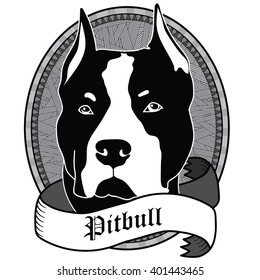 Pitbull Portrait. Emblem of a Dog in Black and White