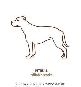 Silueta Pitbull, esbozo de contorno de contorno. Perro de pelea. Una excelente compañera cuando se cría y se entrena con respeto. Ilustración aislada del vector para el logotipo veterinario, diseño de la publicidad de la tienda del animal doméstico. 