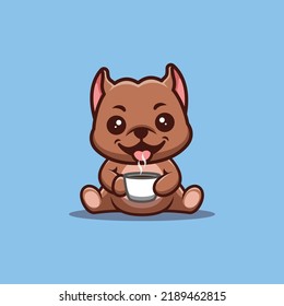 Pitbull Sitting Drink Coffee Cute Creative Kawaii Cartoon Mascot Logo