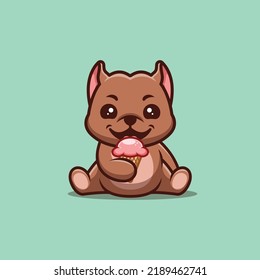 Pitbull Sitting Eating Ice Cream Cute Creative Kawaii Cartoon Mascot Logo