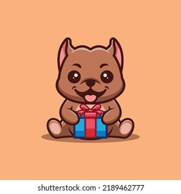 Pitbull Sitting Gift Box Cute Creative Kawaii Cartoon Mascot Logo