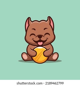 Logo de la mascota Kawaii creativa de la moneda de oro de Pitbull Sitting