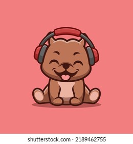 Pitbull Sitting Hearing Music Cute Creative Kawaii Cartoon Mascot Logo