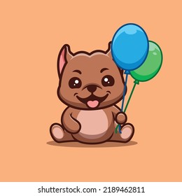 Pitbull Sitting Hold Balloon Cute Creative Kawaii Cartoon Mascot Logo