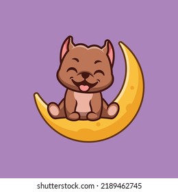 Pitbull Sitting On Moon Cute Creative Kawaii Cartoon Mascot Logo