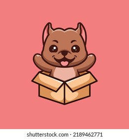 Pitbull Sitting Out From Box Cute Creative Kawaii Cartoon Mascot Logo