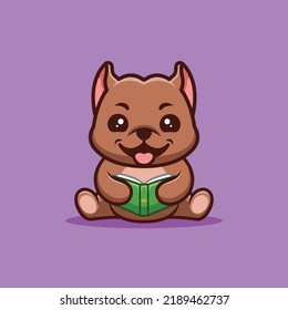 Pitbull Sitting Reading Book Cute Creative Kawaii Cartoon Mascot Logo