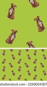 Pitbull terrier dog holiday wallpaper. Pets square background, repeatable pattern, print tiles. Seamless pattern with dogs in sitting pose. Yellow and chocolate smiling pitbull on a green background.