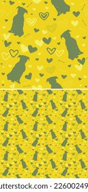 Pitbull terrier dog silhouettes Valentine's day bright heart wallpaper. Yellow and green Holiday square background, repeatable pattern. St Valentine's day wallpaper, valentine's, birthday print tiles.