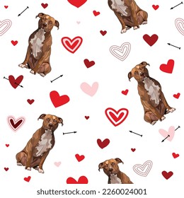 Pitbull terrier dog Valentine's day bright red heart white wallpaper. Love doodles hearts holiday square background, repeatable pattern. St Valentine's day wallpaper, valentine's present, print tiles.