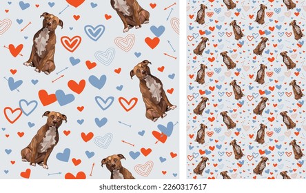 Pitbull terrier dog Valentine's day bright heart wallpaper. Love doodles heart holiday square background, repeatable pattern. St Valentine's day wallpaper, valentine's present, print tiles. Pastel.