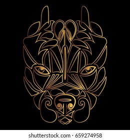 Pitbull. Tribal ethnic dog totem, detailed ornament, abstract art in a graphic style, isolated gold lines on a black background. Stylized head of a dog like a print on a t-shirt.