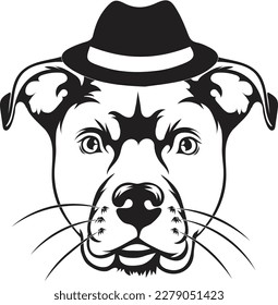 Pitbull Vector Illustration, Black And White Dog, Angry Pitbull Clipart, Dog With Hat, Hand Drawn Animal Head