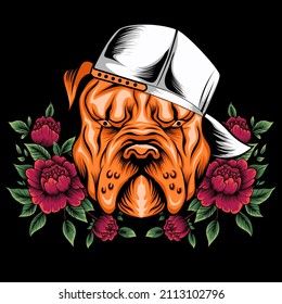 Pitbull wearing a hat with rose flowers around it