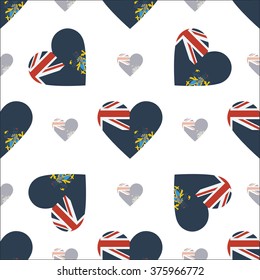 Pitcairn flag heart seamless pattern. Patriotic Pitcairn flag background. Country flag in the shape of heart. Vector seamless pattern.
