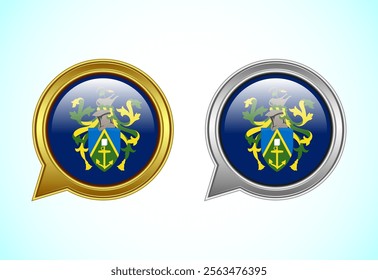 Pitcairn Islands flag speech bubble. Speaking flag icon in gold and silver color