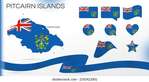 Banderas de las Islas Pitcairn. Varios diseños. Mapa y ciudad capital. Mundo. Vector. Círculo. Plantilla para el día de la independencia. Colección de símbolos nacionales. Cinta de la bandera. Países de Oceanía