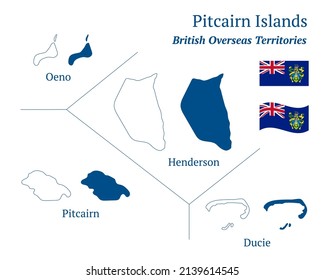 Pitcairn Islands map. British overseas territory in the southern Pacific Ocean. Detailed blue outline and silhouette. Country flag. Set of vector maps. All isolated on white background.