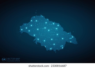 Pitcairn Islands map radial dotted pattern in futuristic style, design blue circle glowing outline made of stars. concept of communication on dark blue background. Vector EPS10