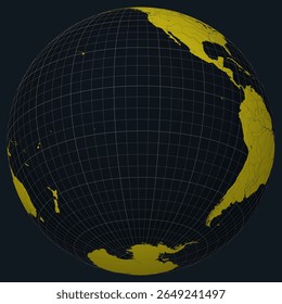 Pitcairn Islands on a Globe. Country view on the world map in Charcoal Bright Yellow color palette. Pitcairn Islands shape on map. Globe with meridians, parallels, countries, rivers and lakes.