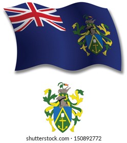 pitcairn islands shadowed textured wavy flag and coat of arms against white background, vector art illustration, image contains transparency transparency