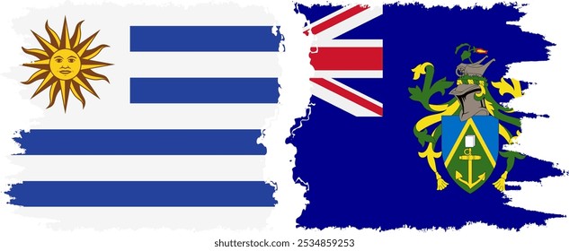 Conexión de las banderas grunge de las Islas Pitcairn y Uruguay, Vector