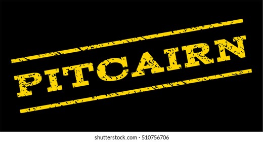 Pitcairn watermark stamp. Text tag between parallel lines with grunge design style. Rubber seal stamp with dust texture. Vector yellow color ink imprint on a blue background.