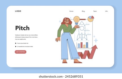 Pitch concept. Confident female entrepreneur presents a business plan, capturing the essence of startup pitches. Vector illustration.