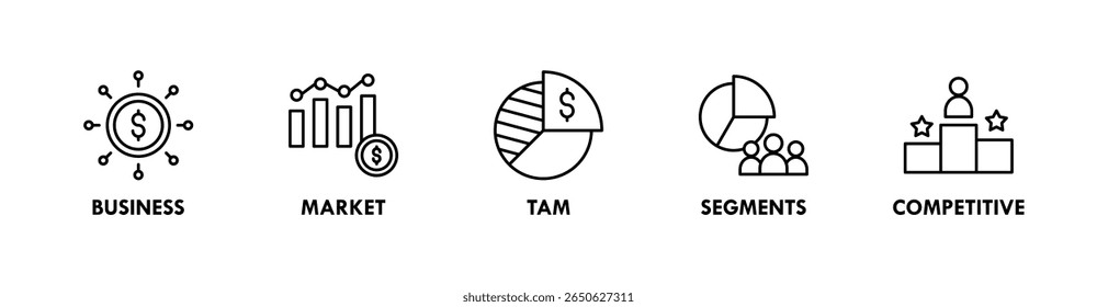 Conceito de ilustração do ícone da web do banner do deck Pitch com ícone de negócios, mercado, equipe, segmentos e concorrência