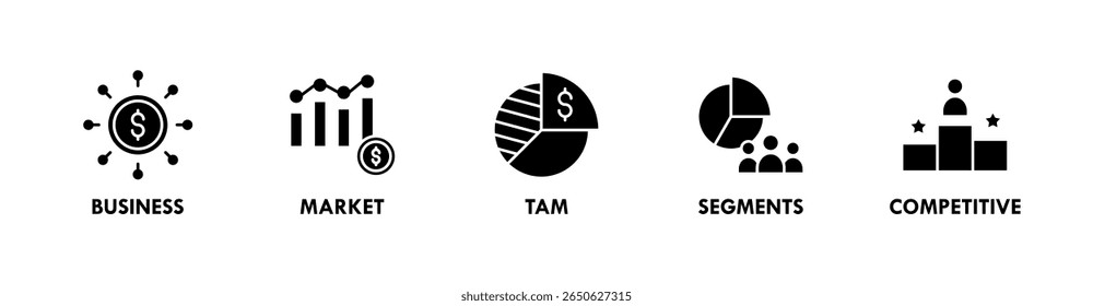 Conceito de ilustração do ícone da web do banner do deck Pitch com ícone de negócios, mercado, equipe, segmentos e concorrência