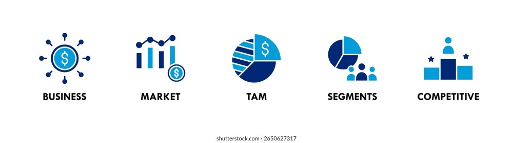 Conceito de ilustração do ícone da web do banner do deck Pitch com ícone de negócios, mercado, equipe, segmentos e concorrência