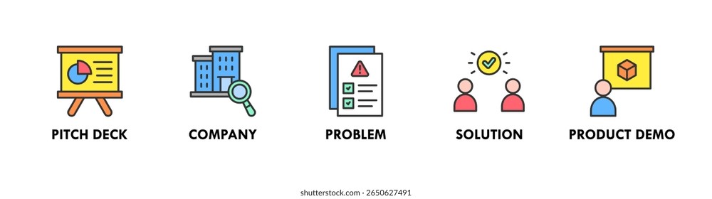 Ilustração do ícone da web da bandeira do deck de passo com o ícone da plataforma de passo, empresa, problema, solução e demonstração do produto