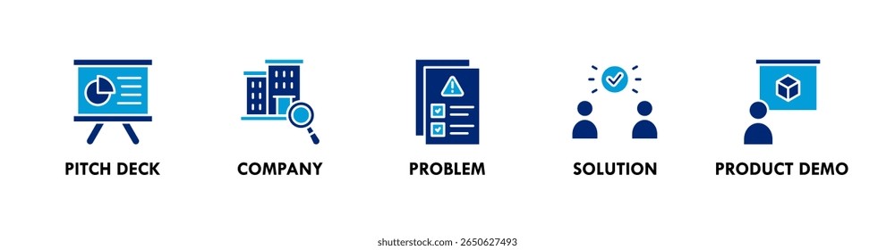 Ilustração do ícone da web da bandeira do deck de passo com o ícone da plataforma de passo, empresa, problema, solução e demonstração do produto