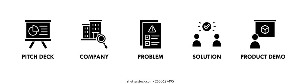 Ilustração do ícone da web da bandeira do deck de passo com o ícone da plataforma de passo, empresa, problema, solução e demonstração do produto