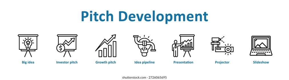 Coleção de arte de linha do banner do ícone Desenvolvimento de Pitch