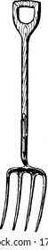 Pitch fork, an agricultural implement, with a long handle, thick, widely separated pointed tynes used to lift and pitch or throw loose material, vintage line drawing or engraving illustration.