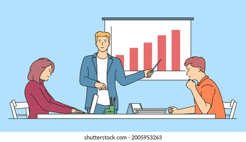 Pitch meeting, startup, coworking and teamwork. Group of young business workers partners sitting in office and listening to businessman colleague presentation on marketing data development.