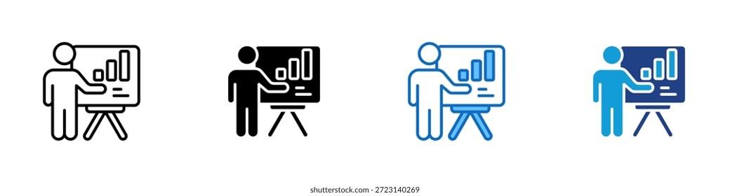 Pitch Multiple Style Icon Design Vektor - Person präsentiert Diagramme auf einem Brett, symbolisiert eine Tonhöhe oder formale Präsentation