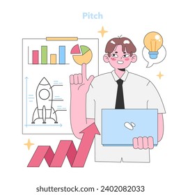 Pitch preparation concept. Energetic man with laptop, pointing at a data chart while a rocket readies for launch and a light bulb idea floats. Entrepreneurial planning. Flat vector illustration