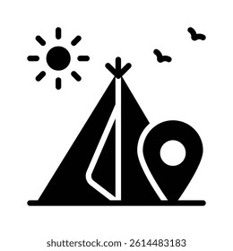 A pitched tent with the sun, symbolizing camping, outdoor travel, and adventure.