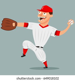 Pitcher baseball player. Cartoon character of a man in a glove gives the ball. Vector illustration isolated on white background.