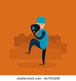 Pitcher - baseball player with glove and ball. Flat vector illustration in cartoon style