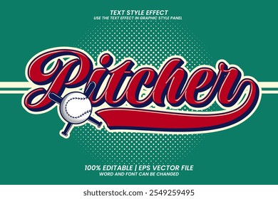 Pitcher Baseball Efeito de Texto de Cartoon Editável Estilo Vintage