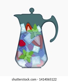 Pitcher of detox water: strawberries, blackberries, raspberries, mint, ice. Paper cut style. Vector