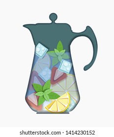 Pitcher of detox water: strawberries, lemon, mint, ice. Paper cut style. Vector