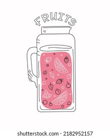Pitcher with fruit drink  in doodle style. Fruit juice with lemons, berries, oranges. Vector illustration.