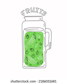 Pitcher with fruit drink  in doodle style. Fruit juice with lemons, berries, lime, mint. Vector illustration.